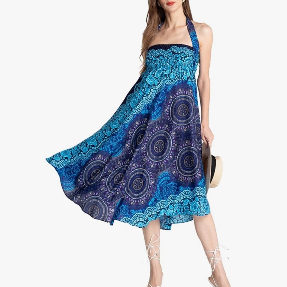 NEW! 🟦Blue & Purple🟪 Boho Print Maxi Skirt/Halter Dress - Size Large - Picture 2 of 10